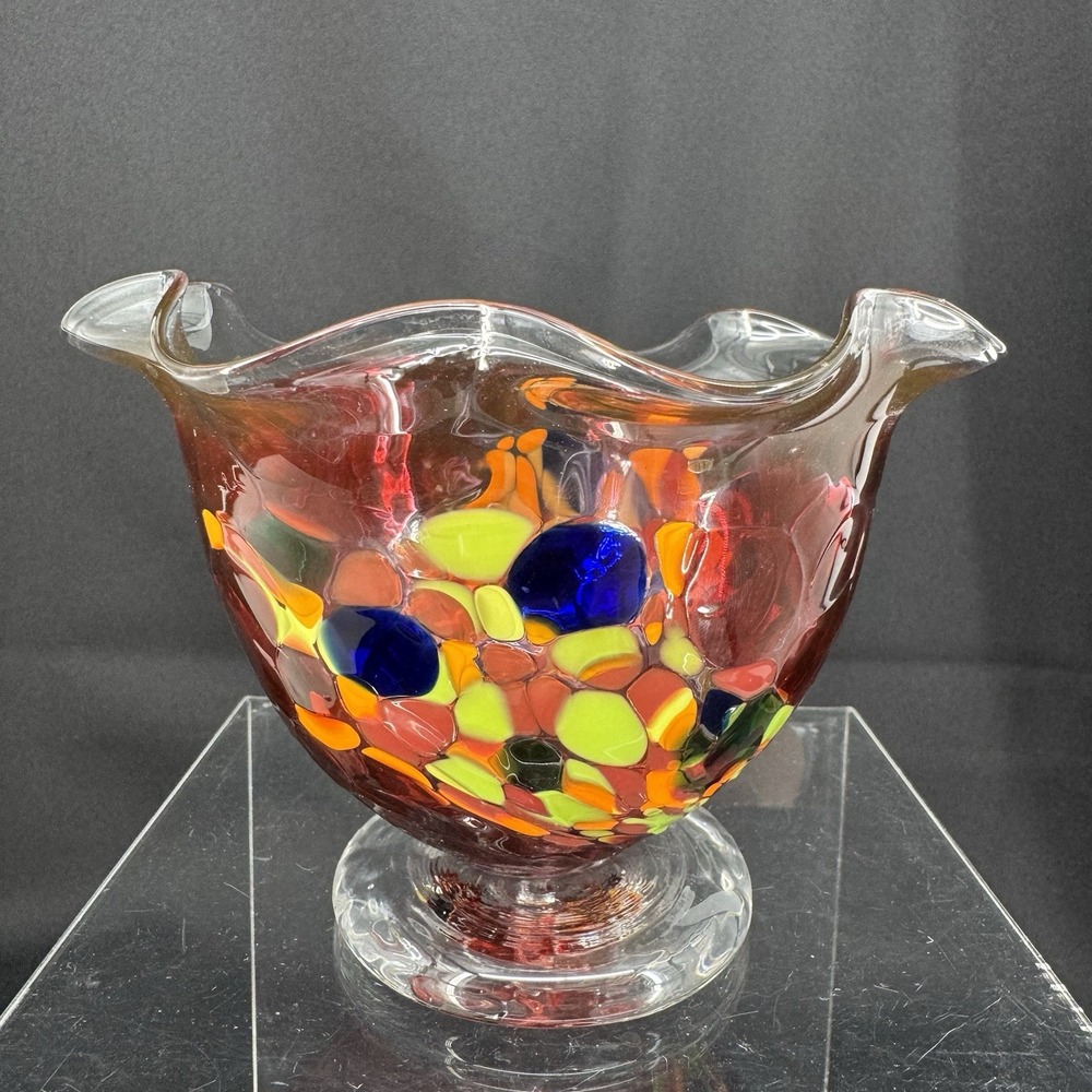 Mouth Blown Confetti Glass Handmade Whimsical Candy Bowl 4" X 5.5"